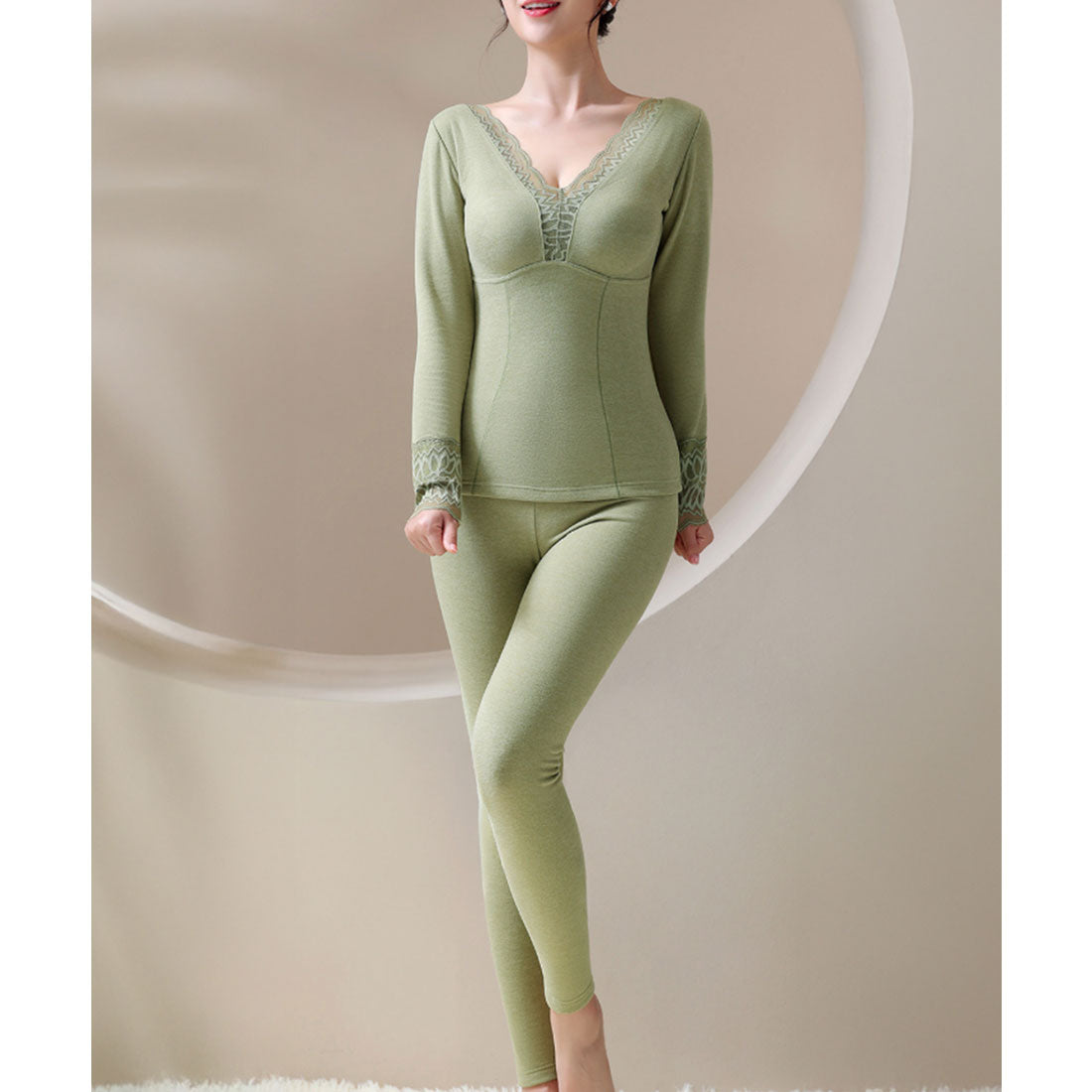 レースレディース Lace Ladies 【2点セット】裏起毛 レース ドッキング カップ付き インナー （グリーン） グリーン