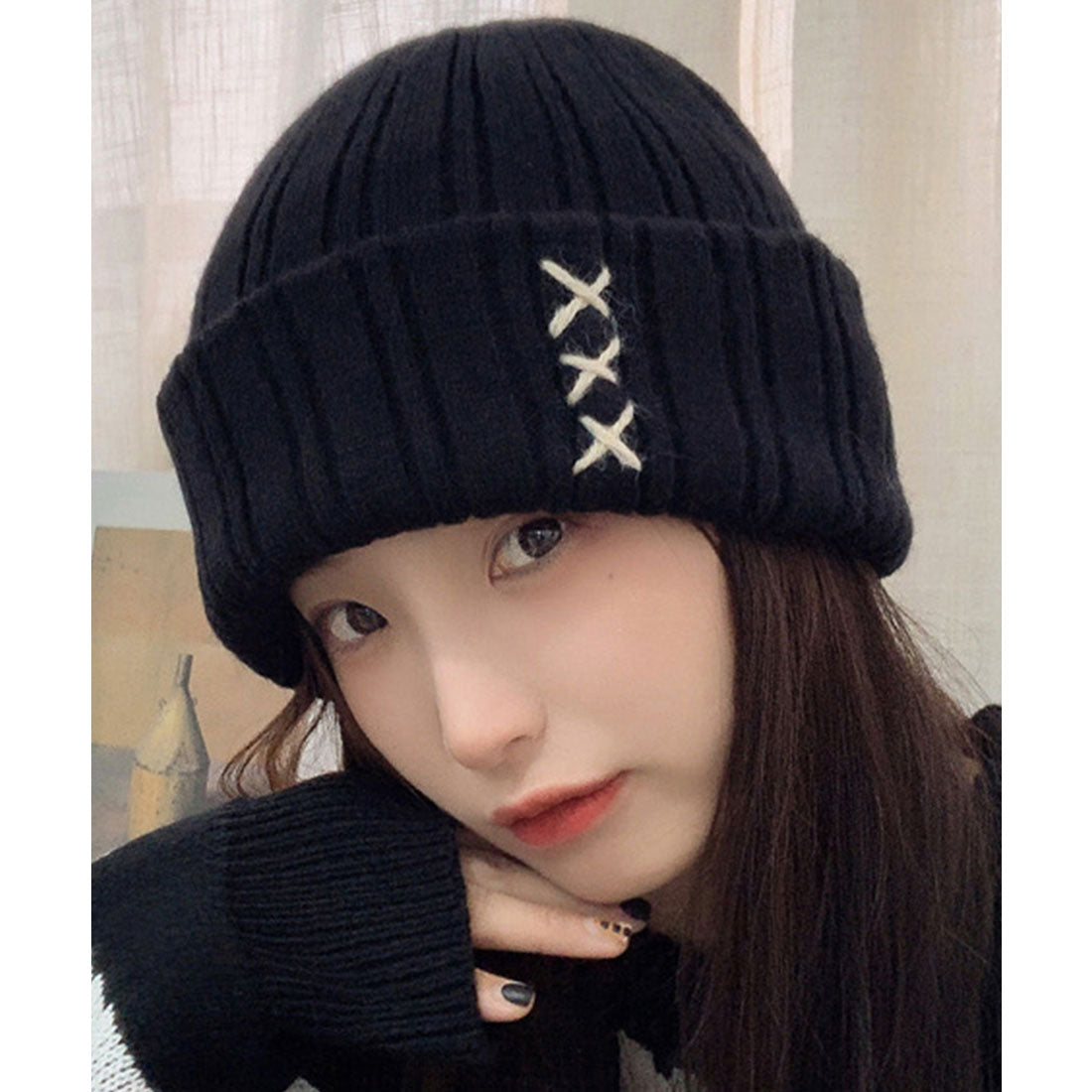 レースレディース Lace Ladies クロス ステッチ リブ ニット ワッチ キャップ （ブラック） ブラック