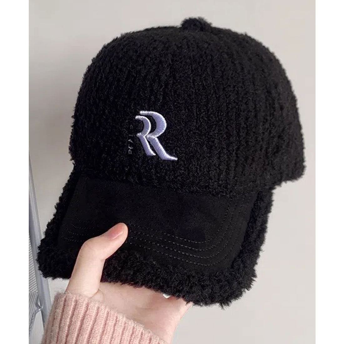 レースレディース Lace Ladies 刺繍付き 異素材 ボア ニット キャップ （ブラック） ブラック