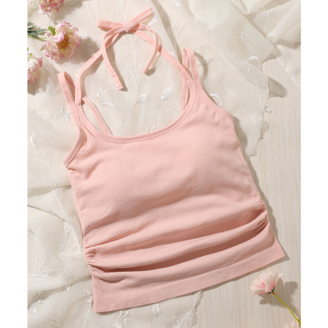 レースレディース Lace Ladies ソリッドカラー ホルター付き カップ付き ギャザー キャミソール （ピンク） ピンク
