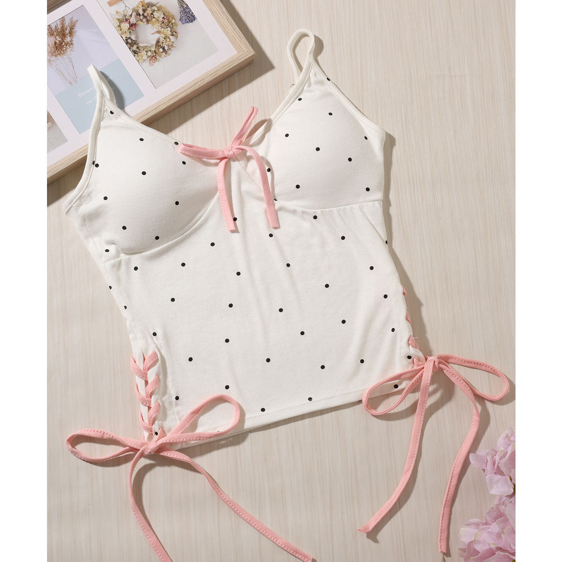 レースレディース Lace Ladies サイド シャーリング リボン付き ドット柄 カップ付き キャミソール （ホワイト） ホワイト