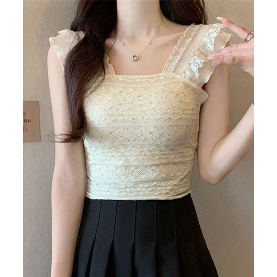 レースレディース Lace Ladies フリル ショルダー レース カップ付き タンクトップ （ベージュ） ベージュ