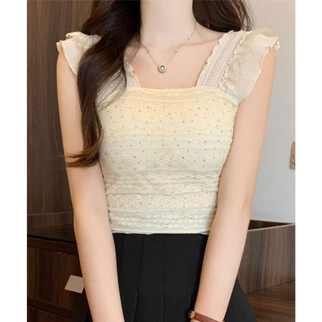 レースレディース Lace Ladies フリル ショルダー レース カップ付き タンクトップ （ベージュ） ベージュ