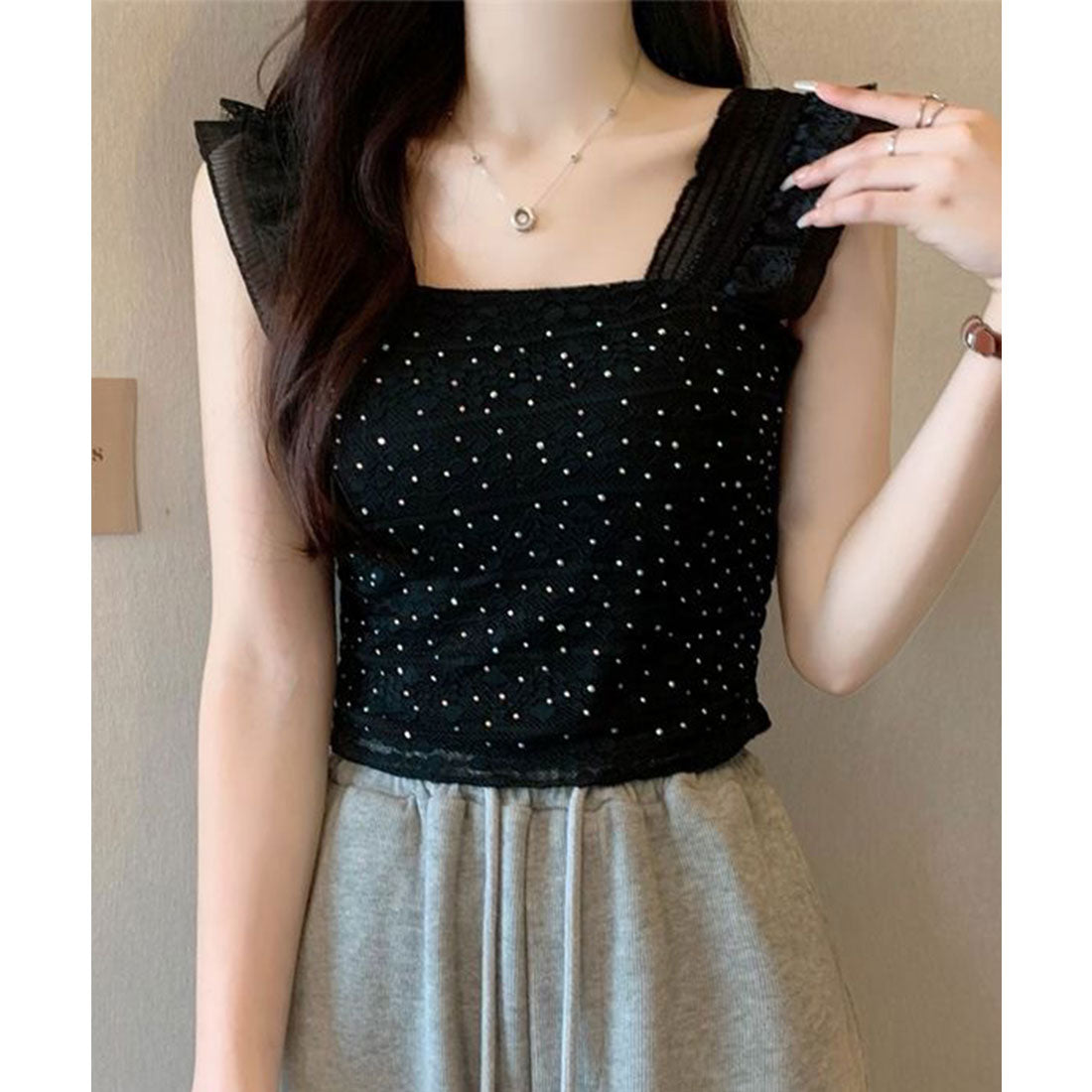 レースレディース Lace Ladies フリル ショルダー レース カップ付き タンクトップ （ブラック） ブラック