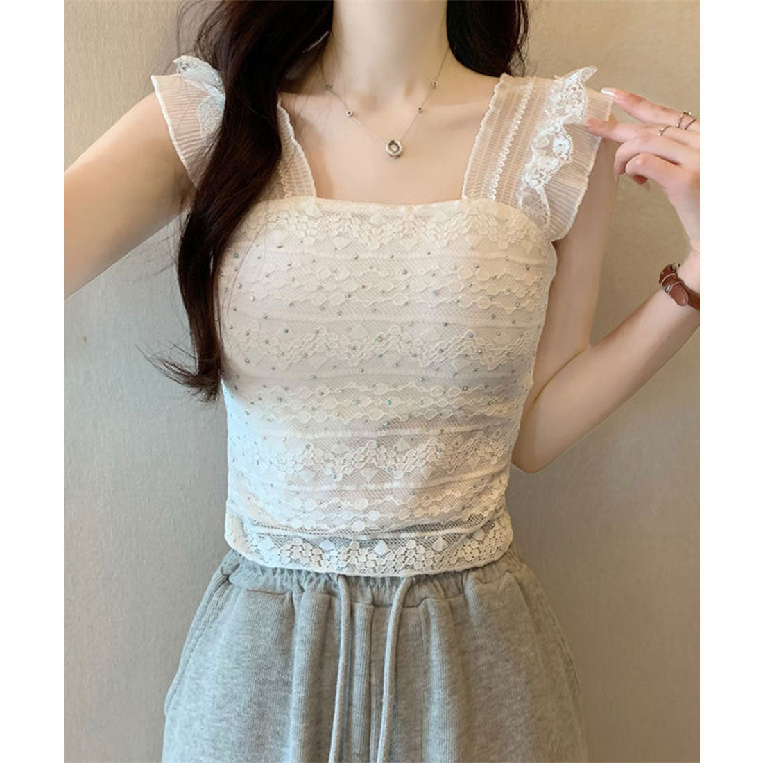 レースレディース Lace Ladies フリル ショルダー レース カップ付き タンクトップ （ホワイト） ホワイト
