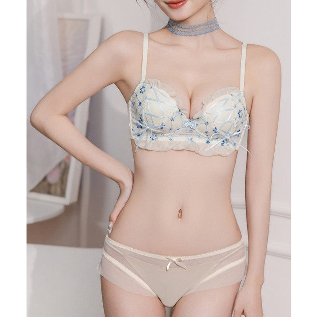 レースレディース Lace Ladies 【2点セット】フラワー 刺繍 ブラジャー&ショーツ （ブルー） ブルー