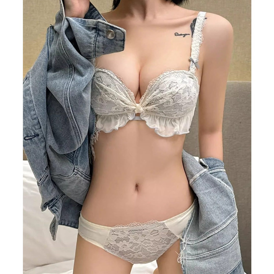 レースレディース Lace Ladies 【2点セット】リボン風 フリル ギャザー ブラ&ショーツ （ブルー） ブルー