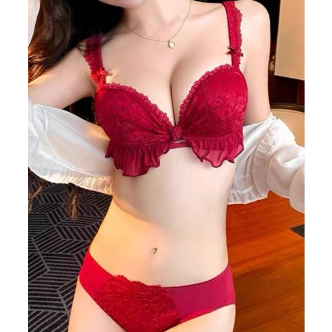 レースレディース Lace Ladies 【2点セット】リボン風 フリル ギャザー ブラ&ショーツ （ワインレッド） ワインレッド