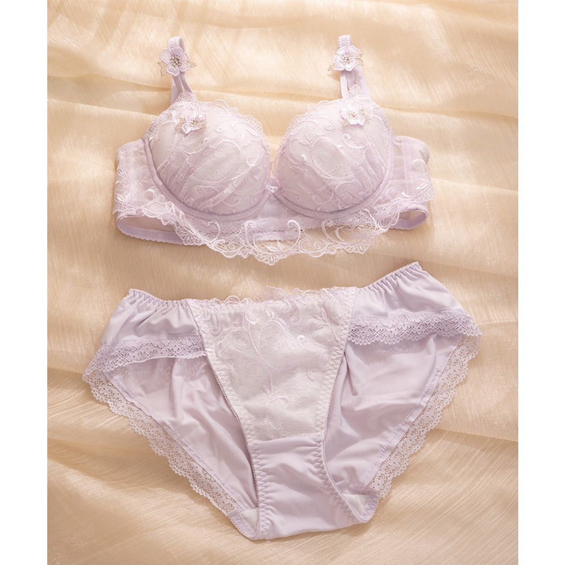 レースレディース Lace Ladies 【2点セット】3D フラワー 付き レーシィ ブラ&ショーツ （ラベンダー） ラベンダー