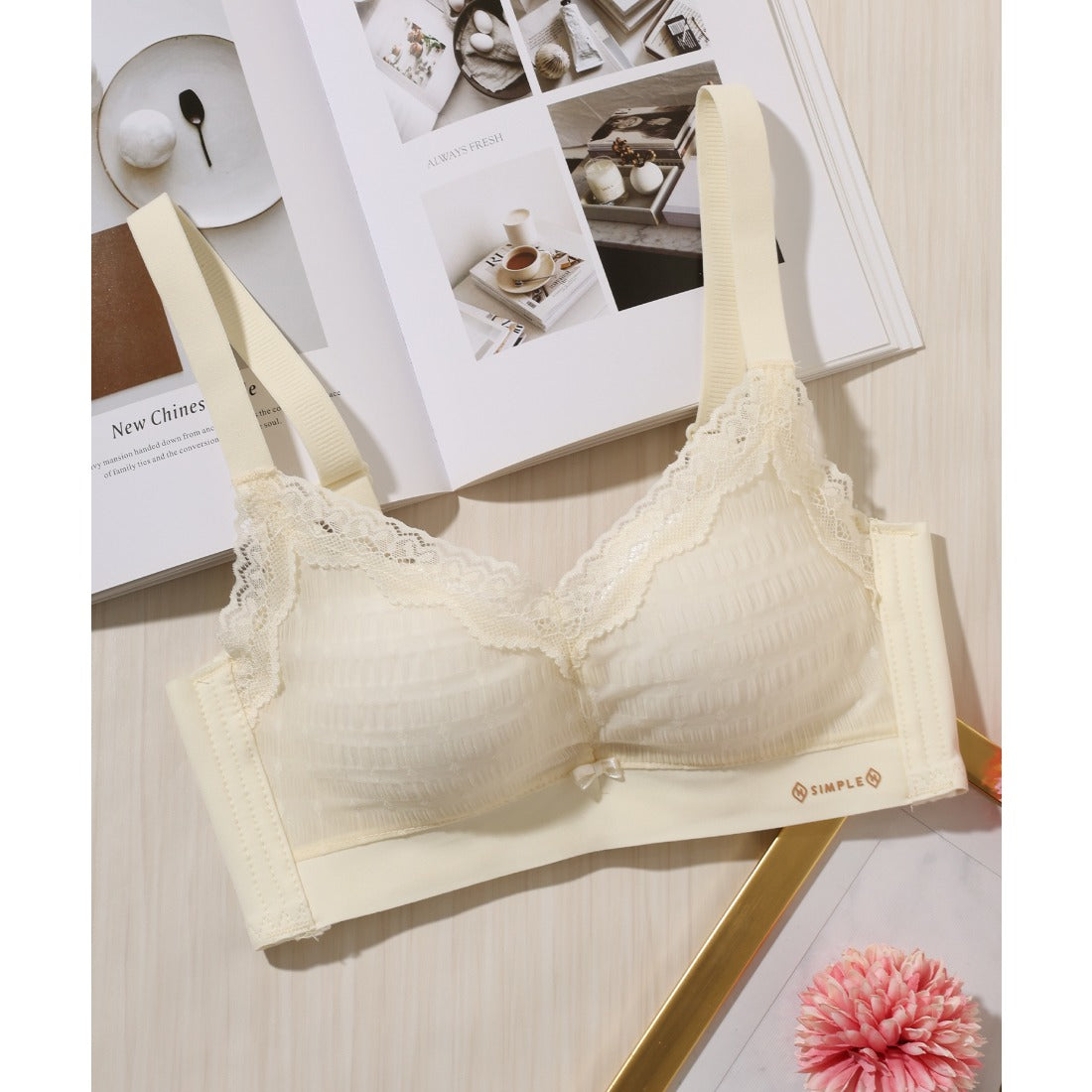レースレディース Lace Ladies プチリボン付き Vネック 脇高 ノンワイヤー ブラジャー （ベージュ） ベージュ