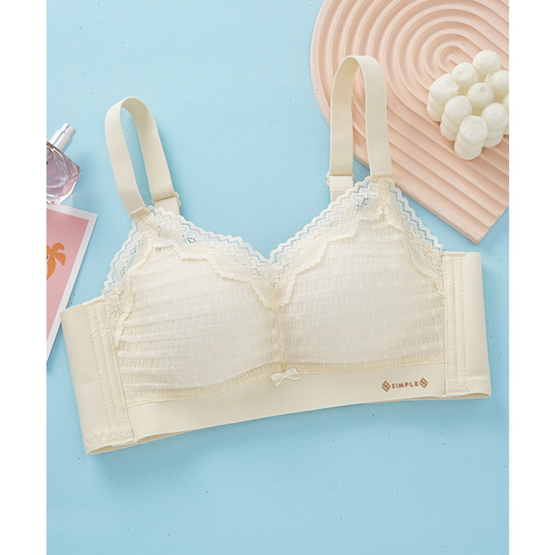 レースレディース Lace Ladies プチリボン付き Vネック 脇高 ノンワイヤー ブラジャー （アイボリー） アイボリー