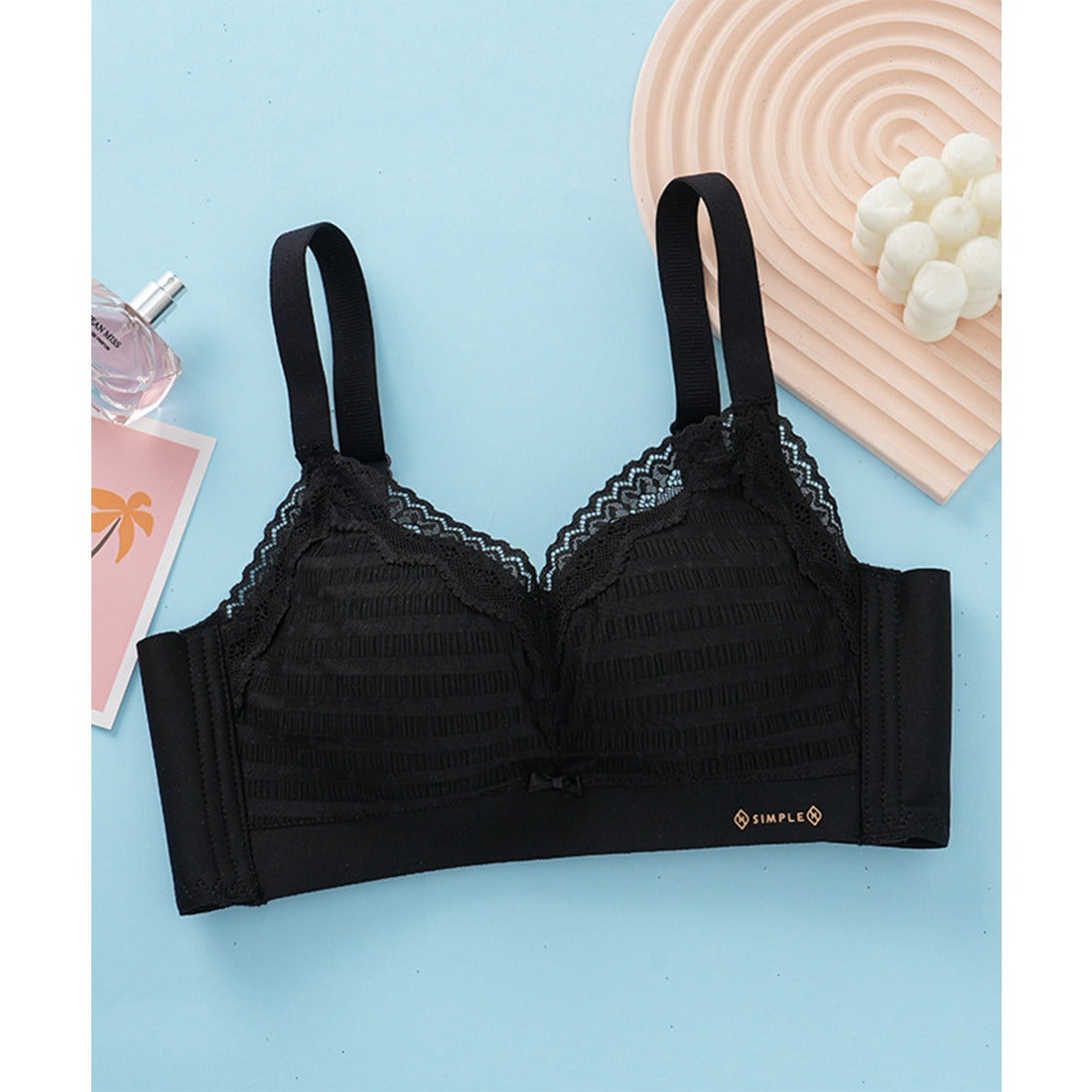 レースレディース Lace Ladies プチリボン付き Vネック 脇高 ノンワイヤー ブラジャー （ブラック） ブラック
