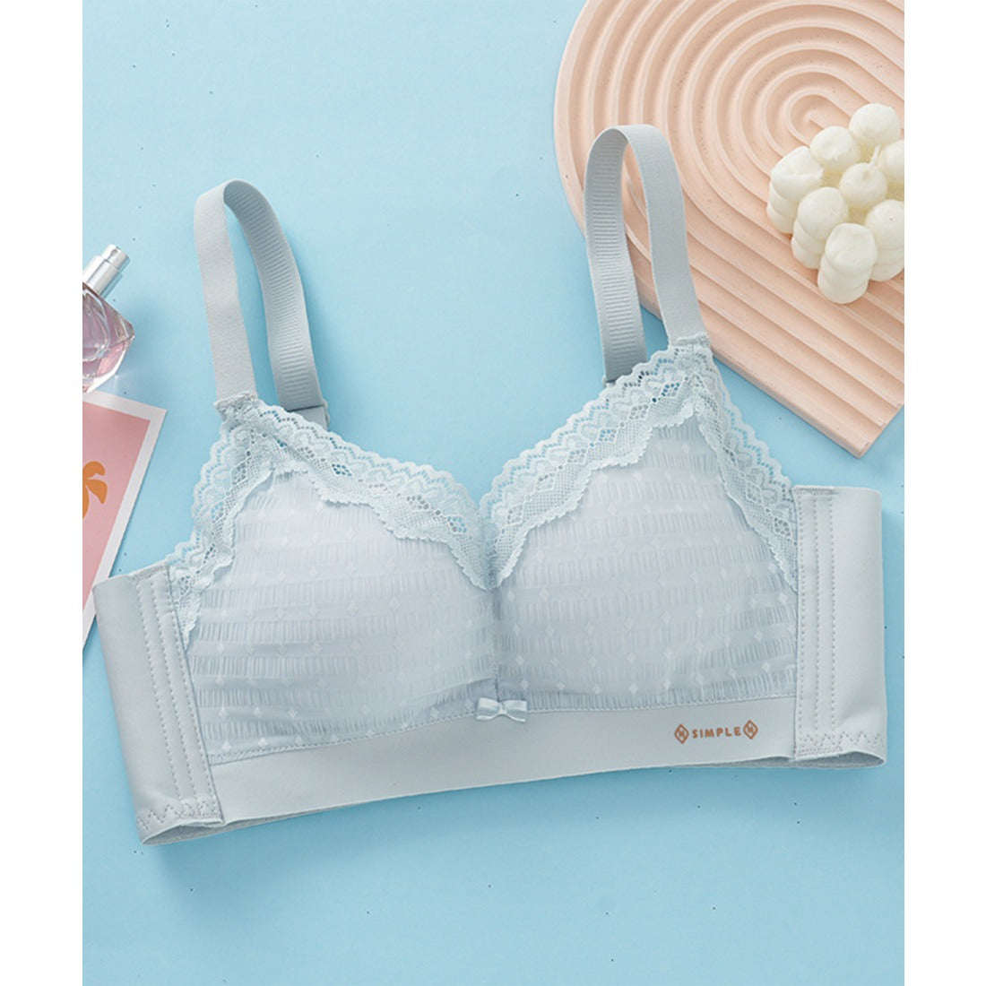 レースレディース Lace Ladies プチリボン付き Vネック 脇高 ノンワイヤー ブラジャー （ブルー） ブルー