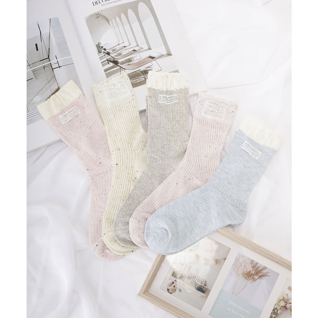 レースレディース Lace Ladies 【5足セット】スカラップ リブ レース クルー ソックス （ミックス） ミックス