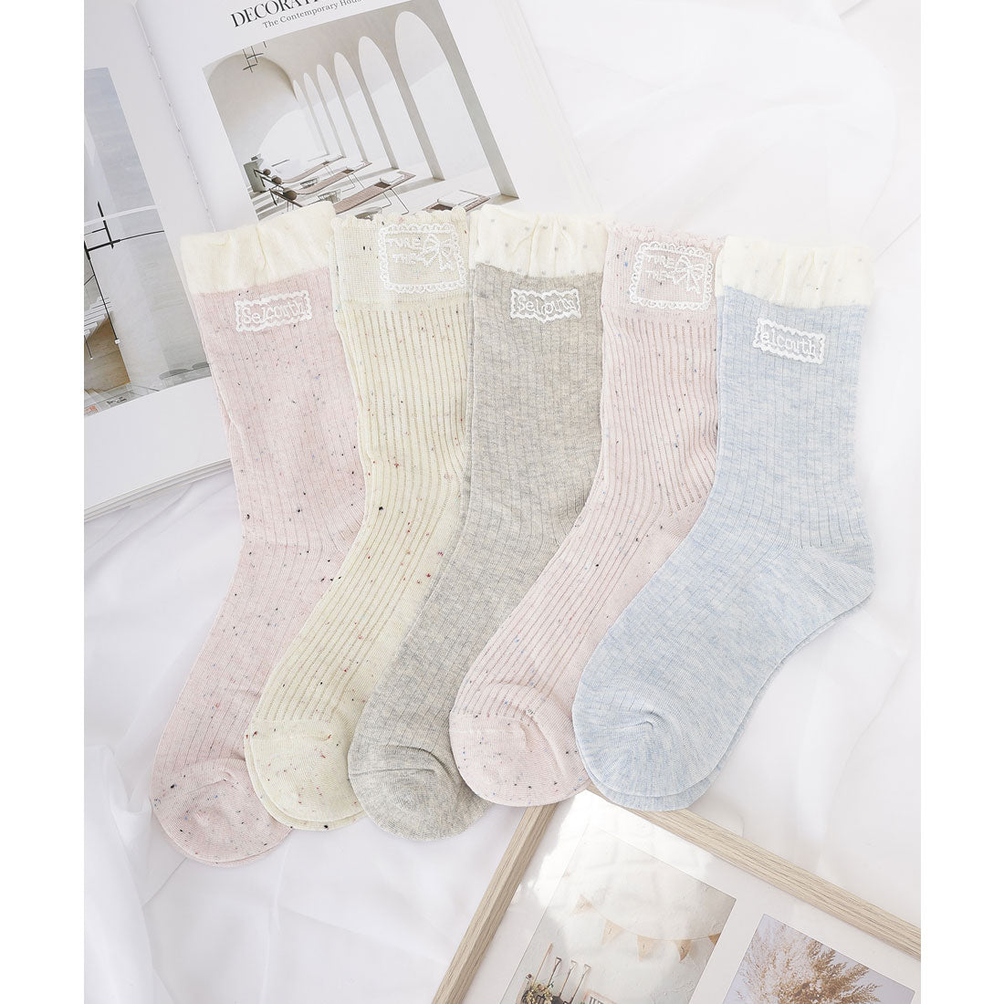 レースレディース Lace Ladies 【5足セット】スカラップ リブ レース クルー ソックス （ミックス） ミックス