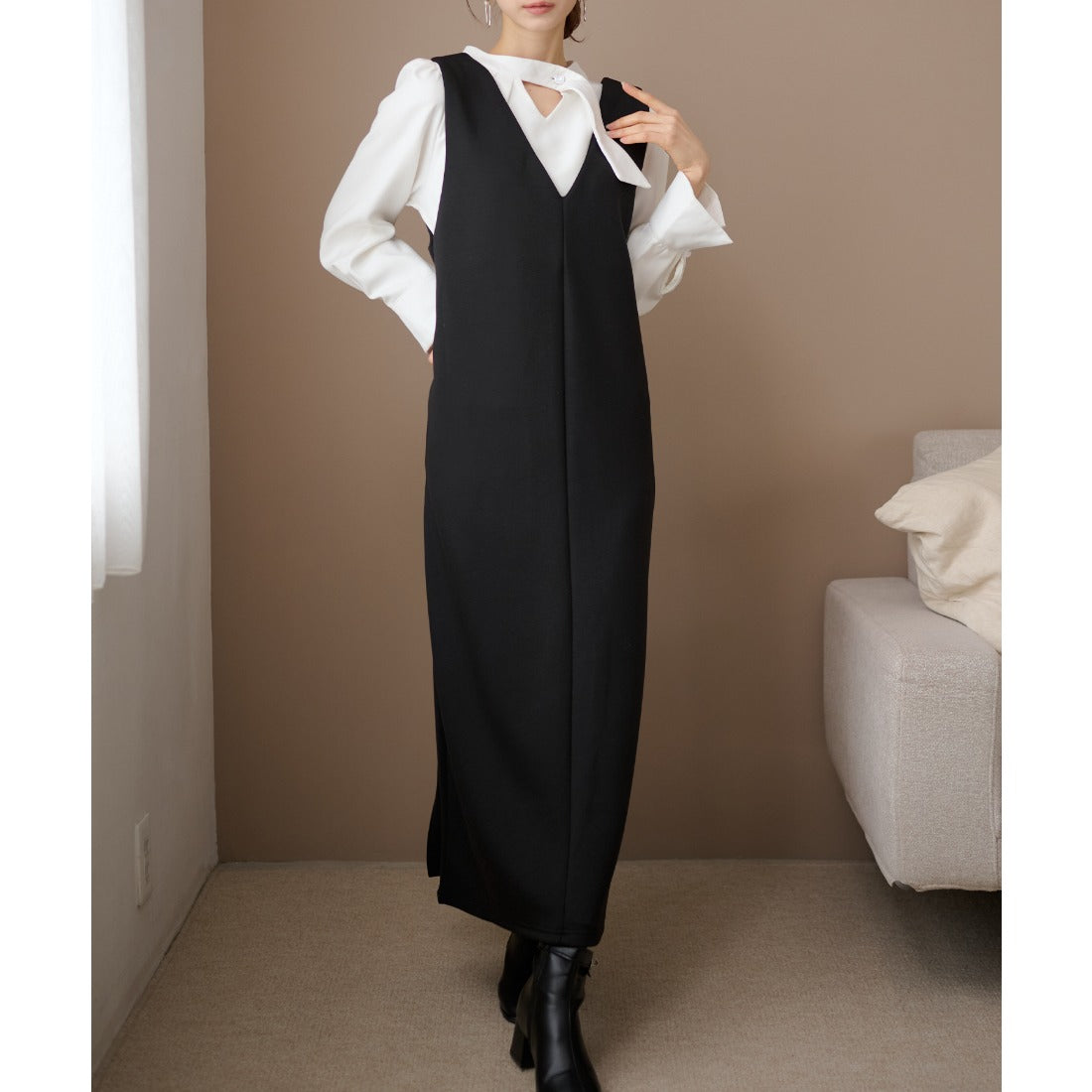 レースレディース Lace Ladies Vネック バックスリット ノースリーブ ロング ワンピース （ブラック） ブラック