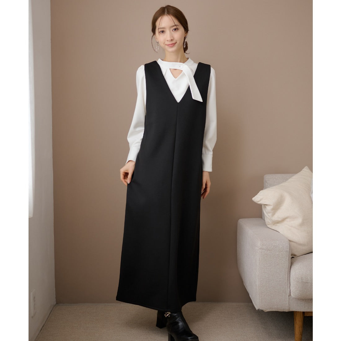 レースレディース Lace Ladies Vネック バックスリット ノースリーブ ロング ワンピース （ブラック） ブラック