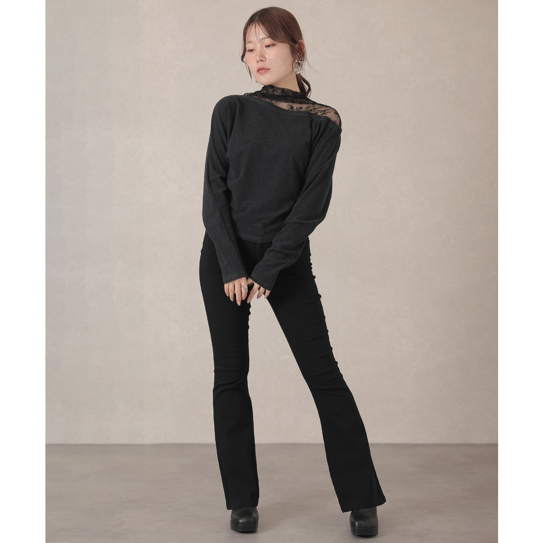 レースレディース Lace Ladies オフネック レース 切替 ドルマンスリーブ トップス （チャコールグレー） チャコールグレー
