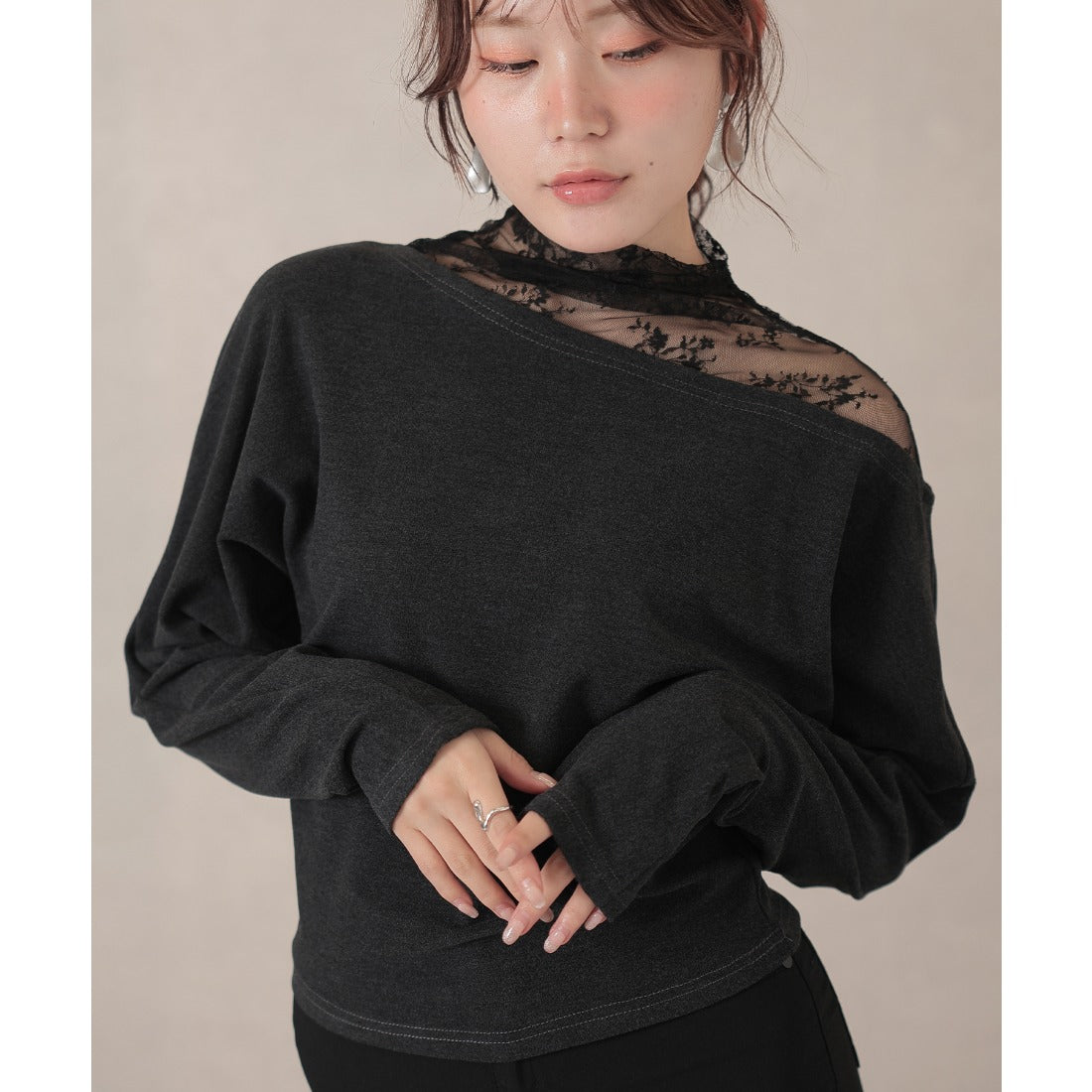 レースレディース Lace Ladies オフネック レース 切替 ドルマンスリーブ トップス （チャコールグレー） チャコールグレー