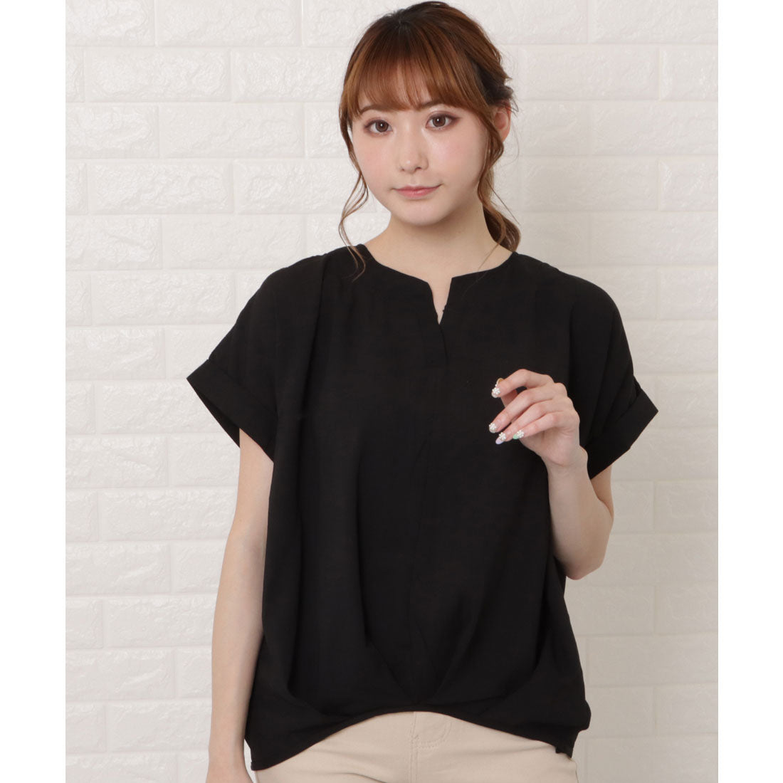 レースレディース Lace Ladies フロントタック半袖スキッパーシャツ,ブラック