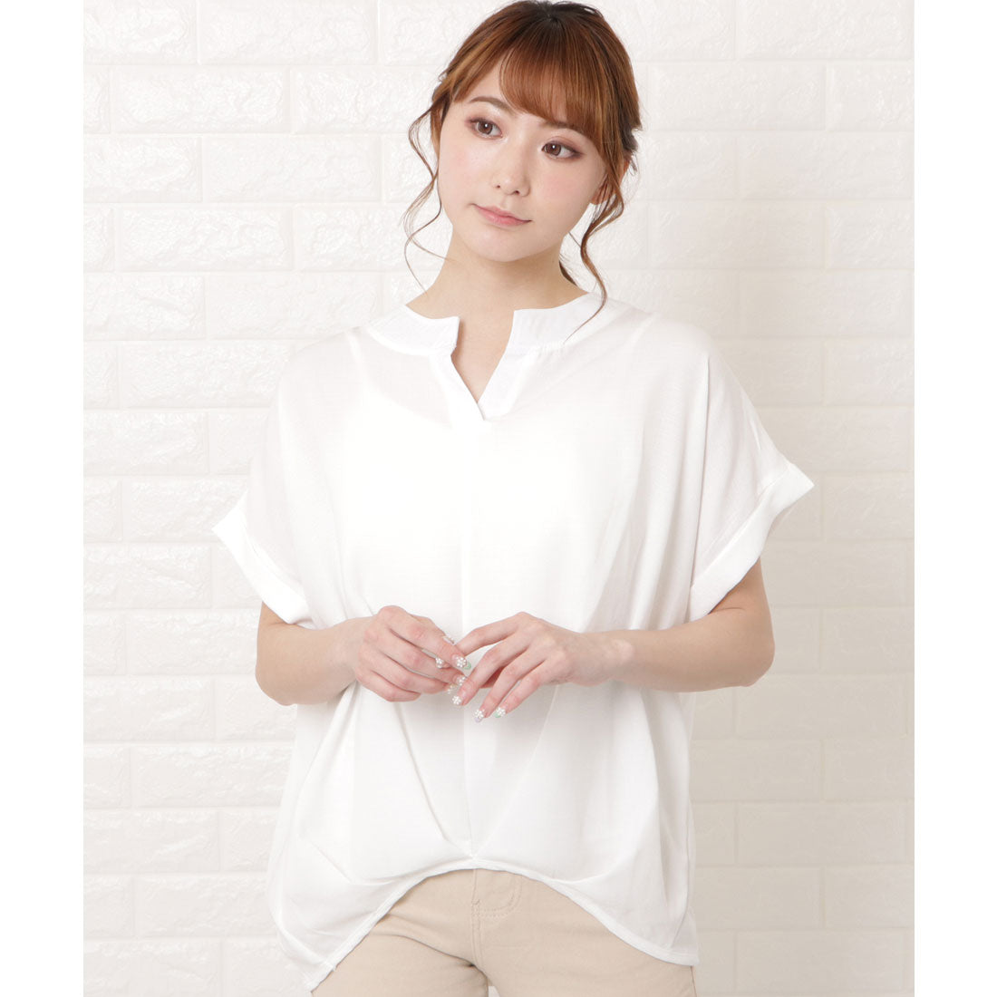 レースレディース Lace Ladies フロントタック半袖スキッパーシャツ,ホワイト