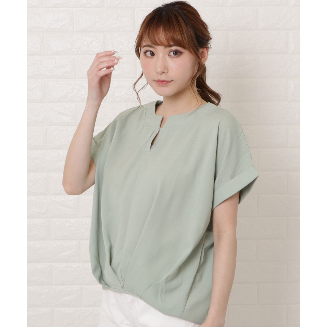 レースレディース Lace Ladies フロントタック半袖スキッパーシャツ,ミント