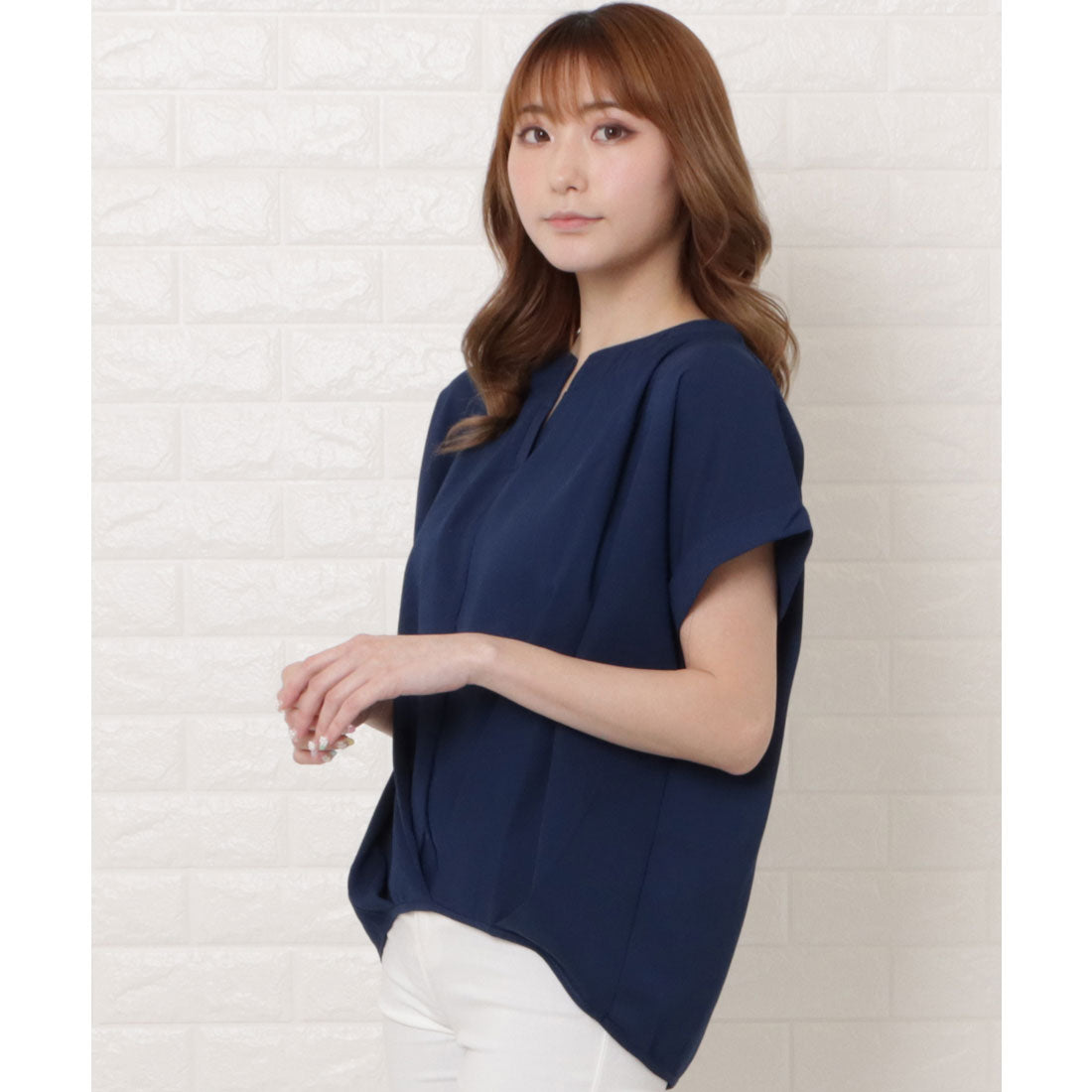 レースレディース Lace Ladies フロントタック半袖スキッパーシャツ,ネイビー
