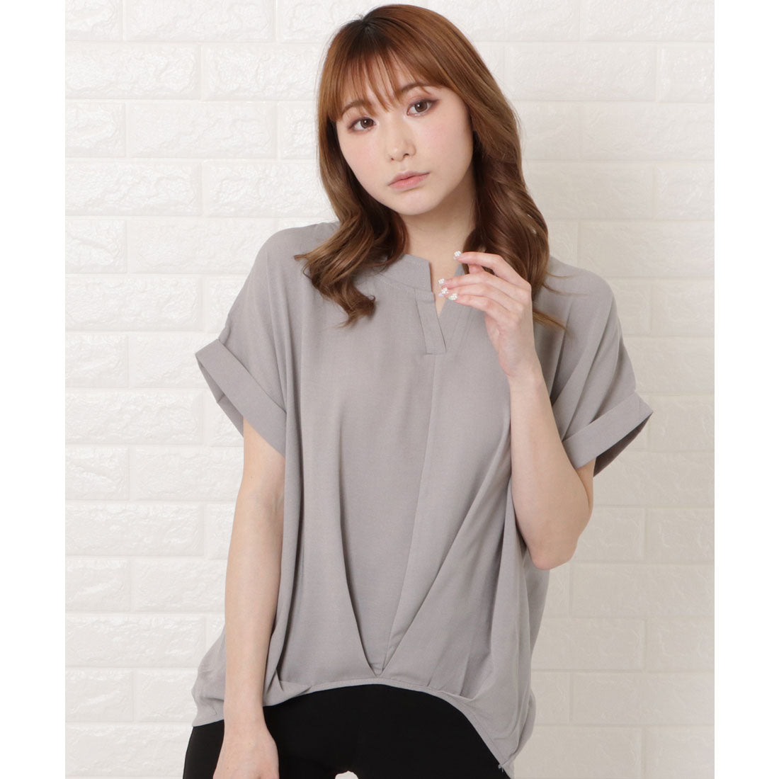 レースレディース Lace Ladies フロントタック半袖スキッパーシャツ,グレー