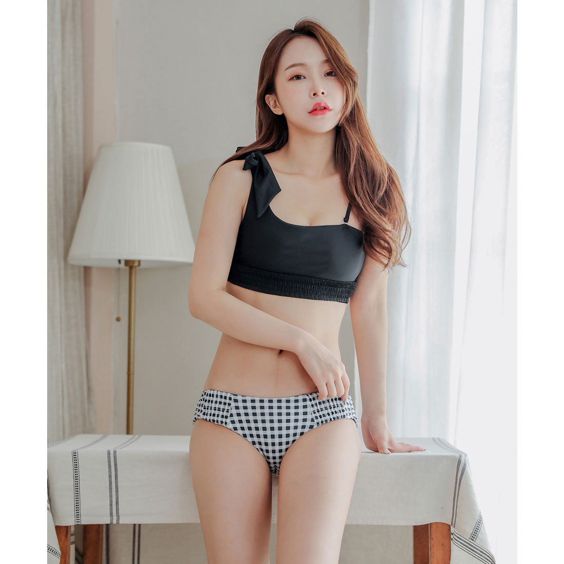 レースレディース Lace Ladies キュートな肩リボンビキニ水着2点セット【返品不可商品】,ブラック