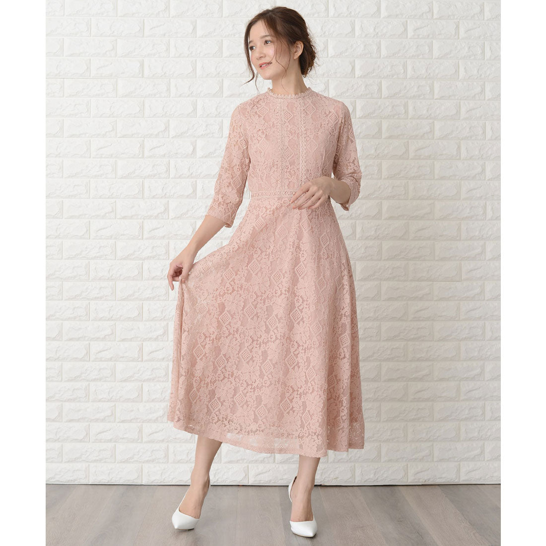 レースレディース Lace Ladies 七分袖総レースミモレ丈ワンピース・ドレス,ピンク