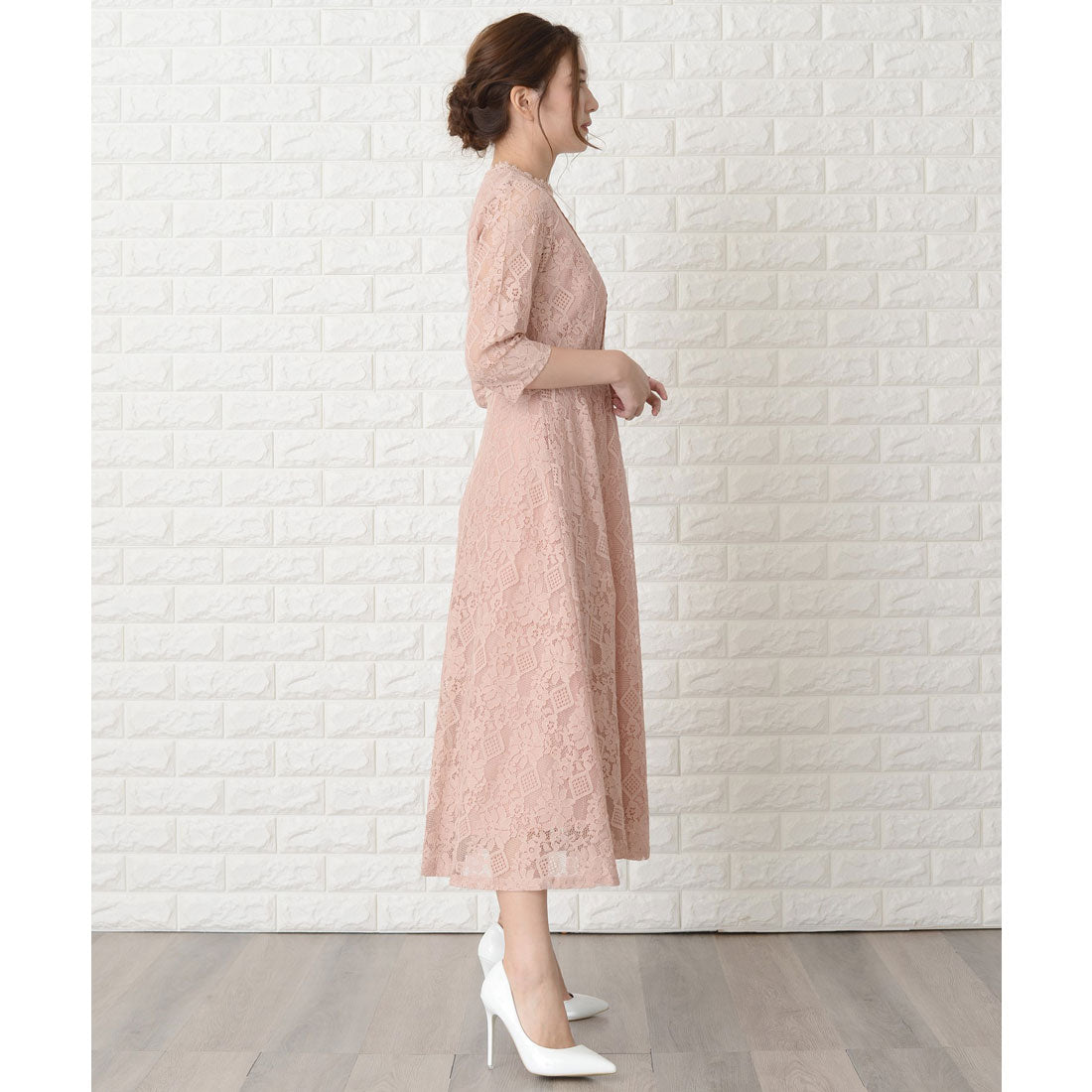レースレディース Lace Ladies 七分袖総レースミモレ丈ワンピース・ドレス