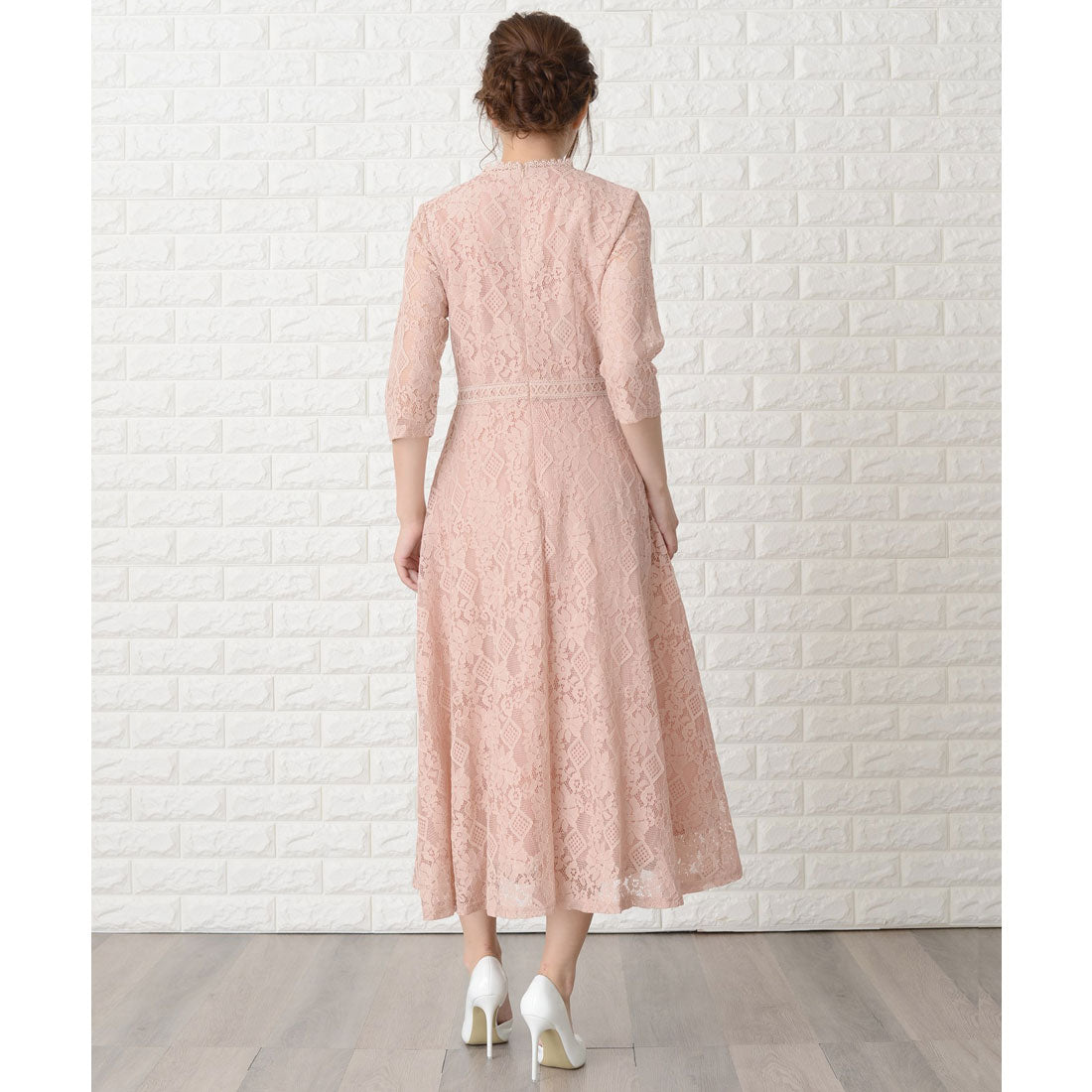 レースレディース Lace Ladies 七分袖総レースミモレ丈ワンピース・ドレス