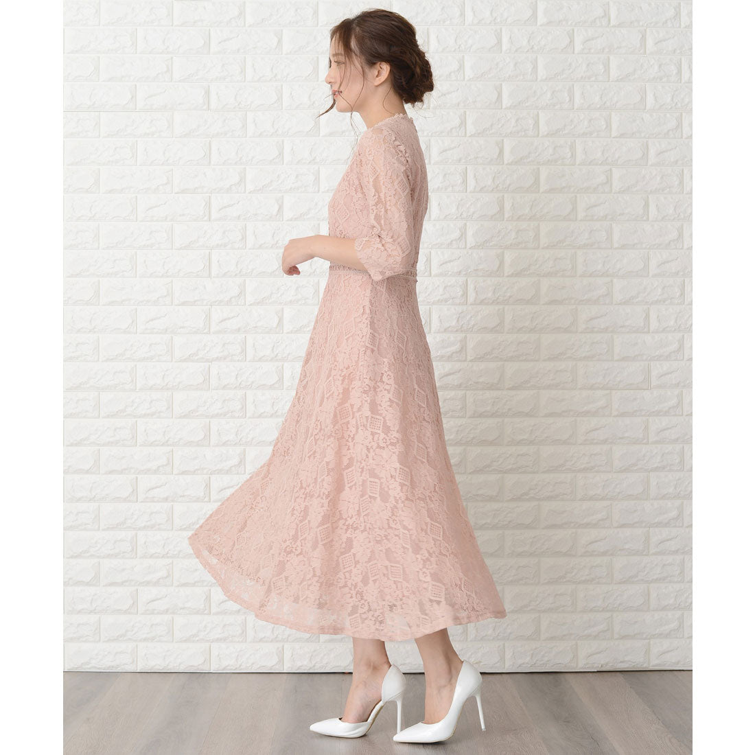 レースレディース Lace Ladies 七分袖総レースミモレ丈ワンピース・ドレス