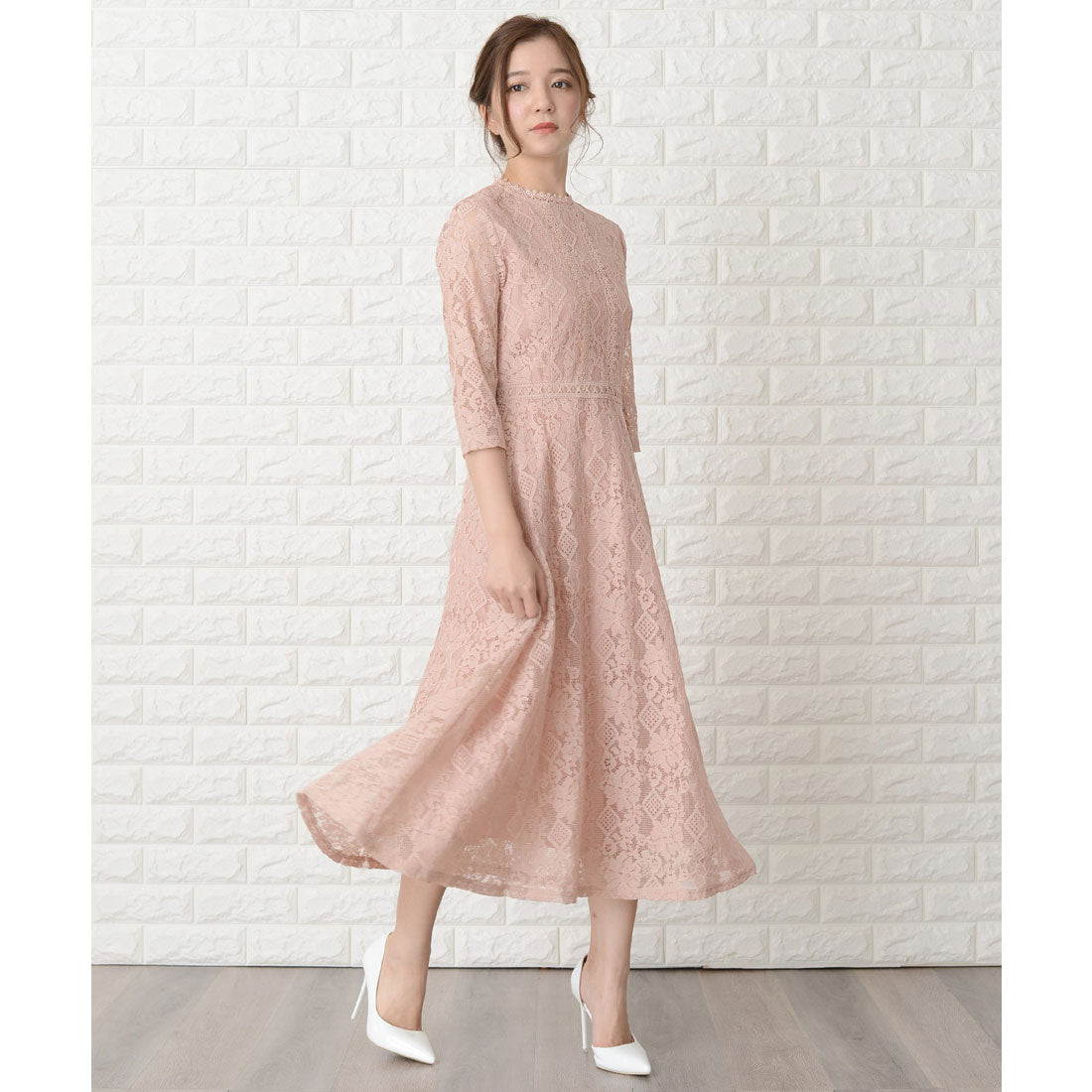 レースレディース Lace Ladies 七分袖総レースミモレ丈ワンピース・ドレス