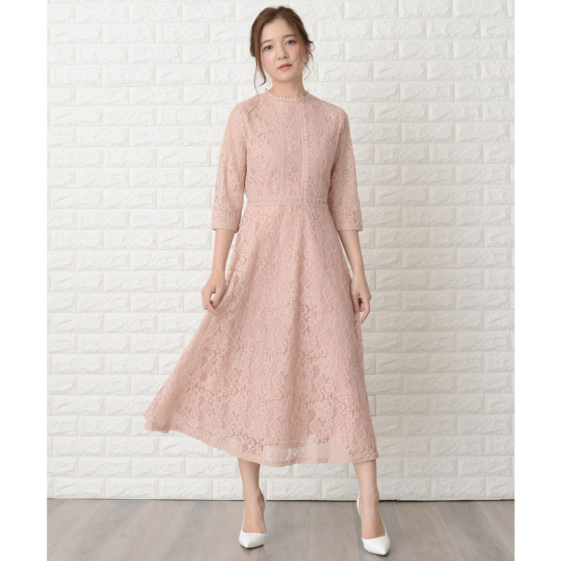レースレディース Lace Ladies 七分袖総レースミモレ丈ワンピース・ドレス