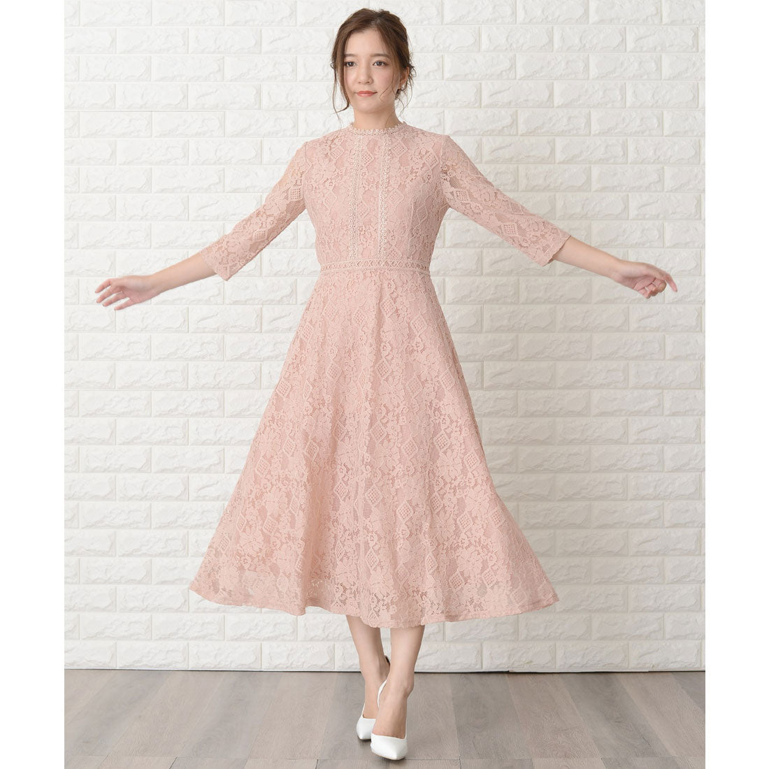 レースレディース Lace Ladies 七分袖総レースミモレ丈ワンピース・ドレス