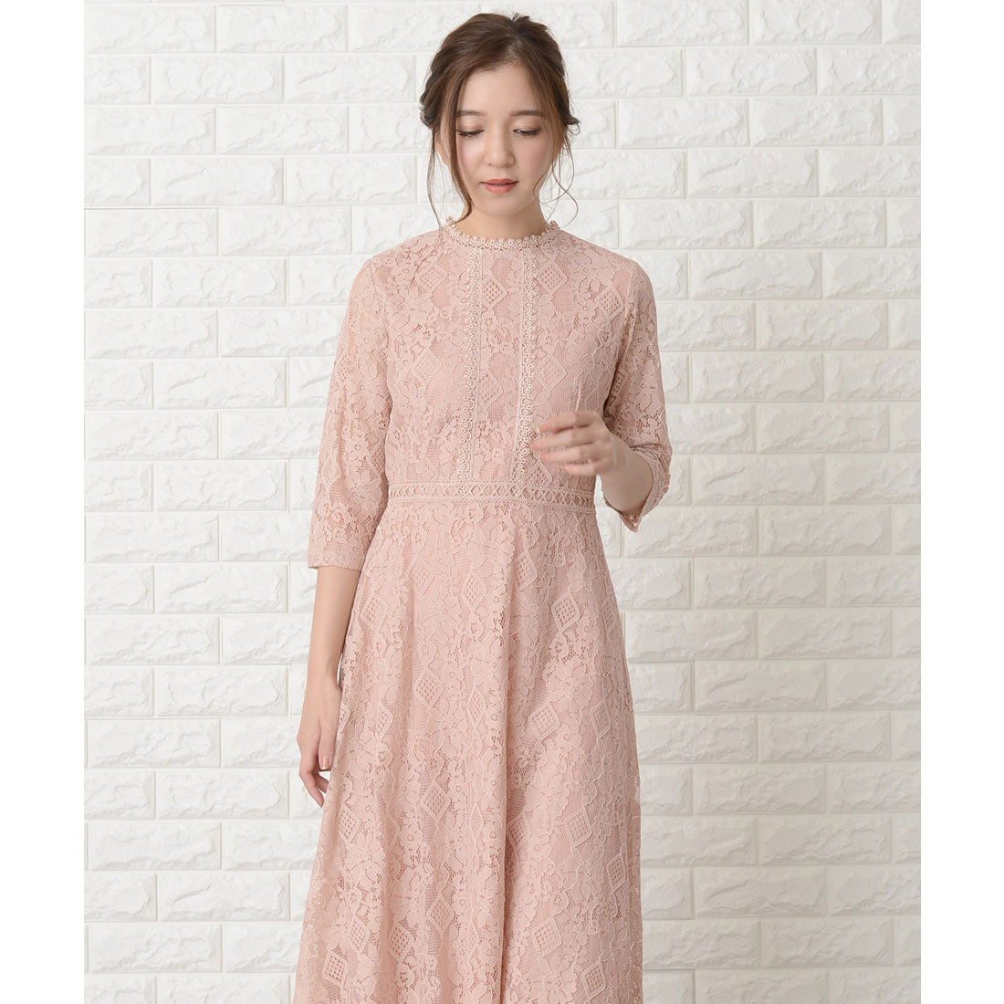 レースレディース Lace Ladies 七分袖総レースミモレ丈ワンピース・ドレス