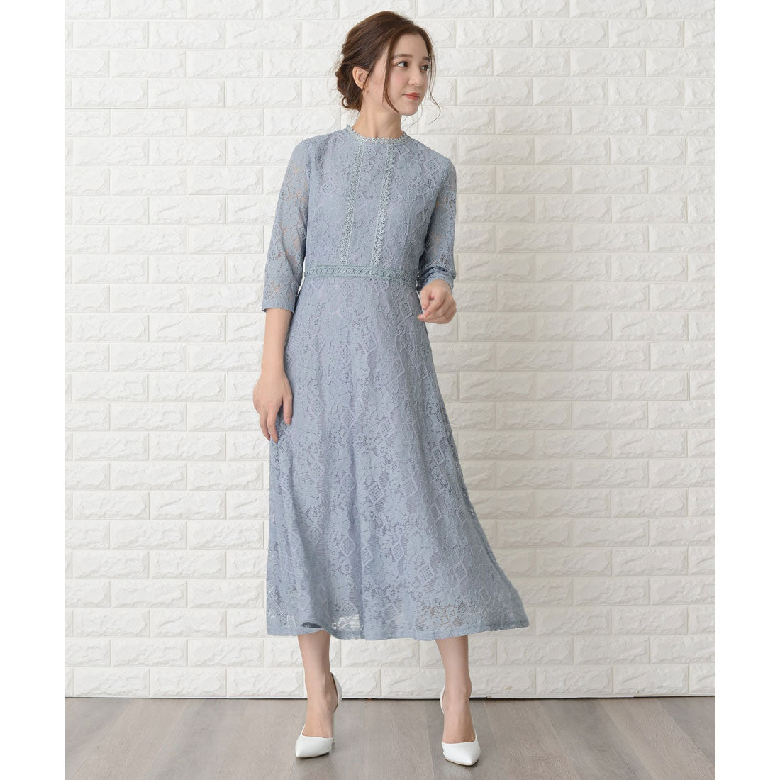 レースレディース Lace Ladies 七分袖総レースミモレ丈ワンピース・ドレス,ライトブルー