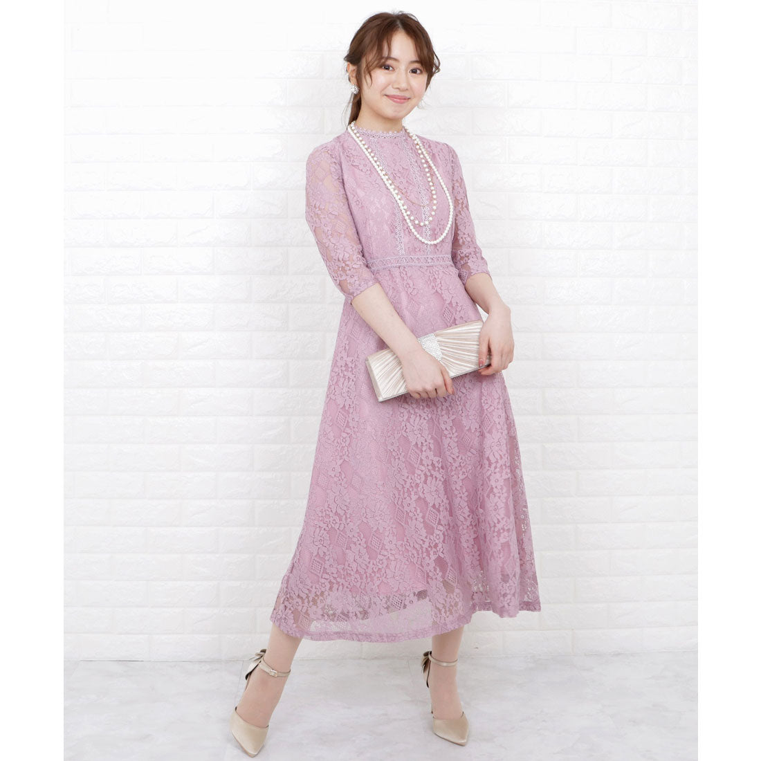 レースレディース Lace Ladies 七分袖総レースミモレ丈ワンピース・ドレス