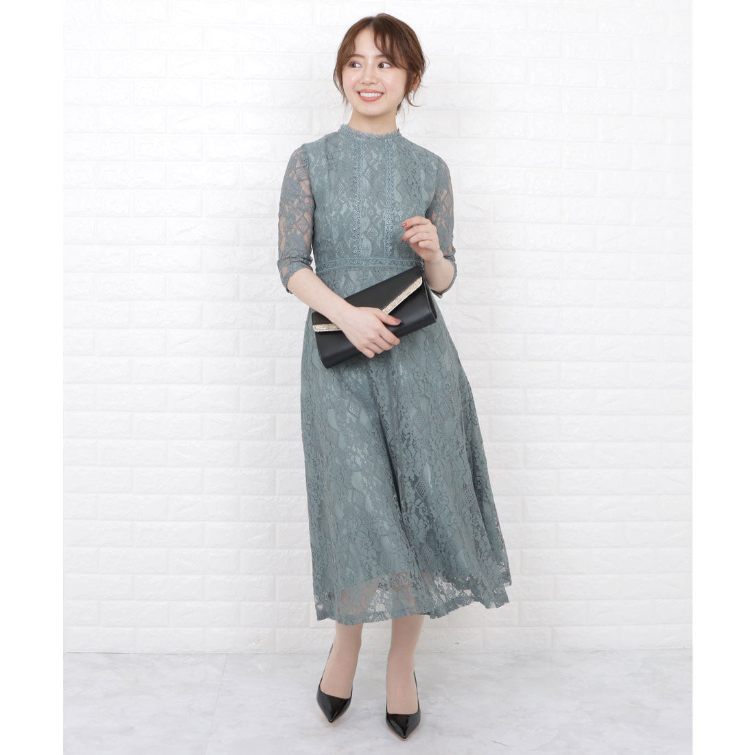レースレディース Lace Ladies 七分袖総レースミモレ丈ワンピース・ドレス