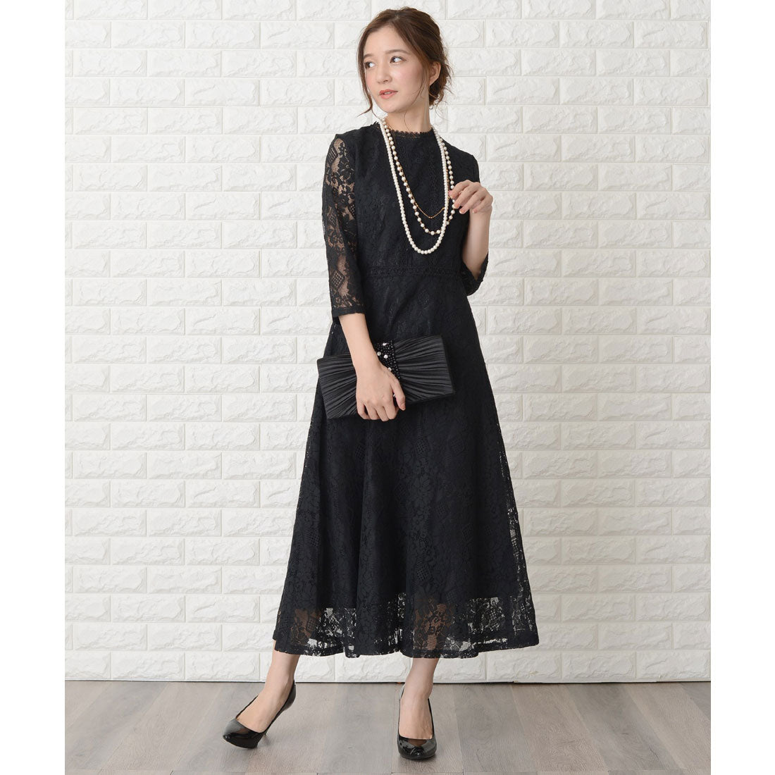 レースレディース Lace Ladies 七分袖総レースミモレ丈ワンピース・ドレス,ブラック