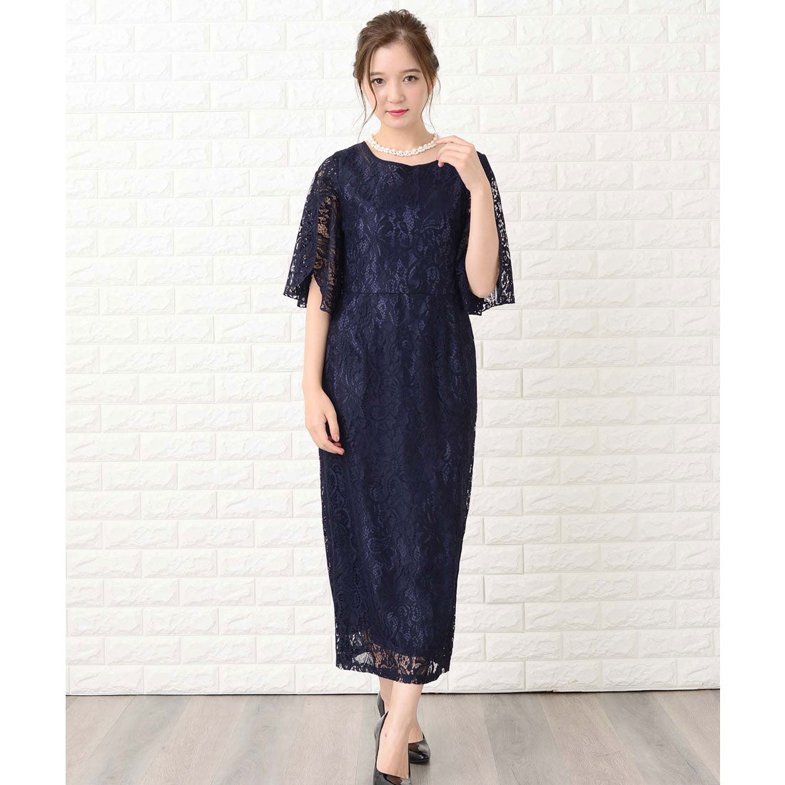 レースレディース Lace Ladies スリット入りフリル五分袖 総レースフォーマルロングワンピース・ドレス