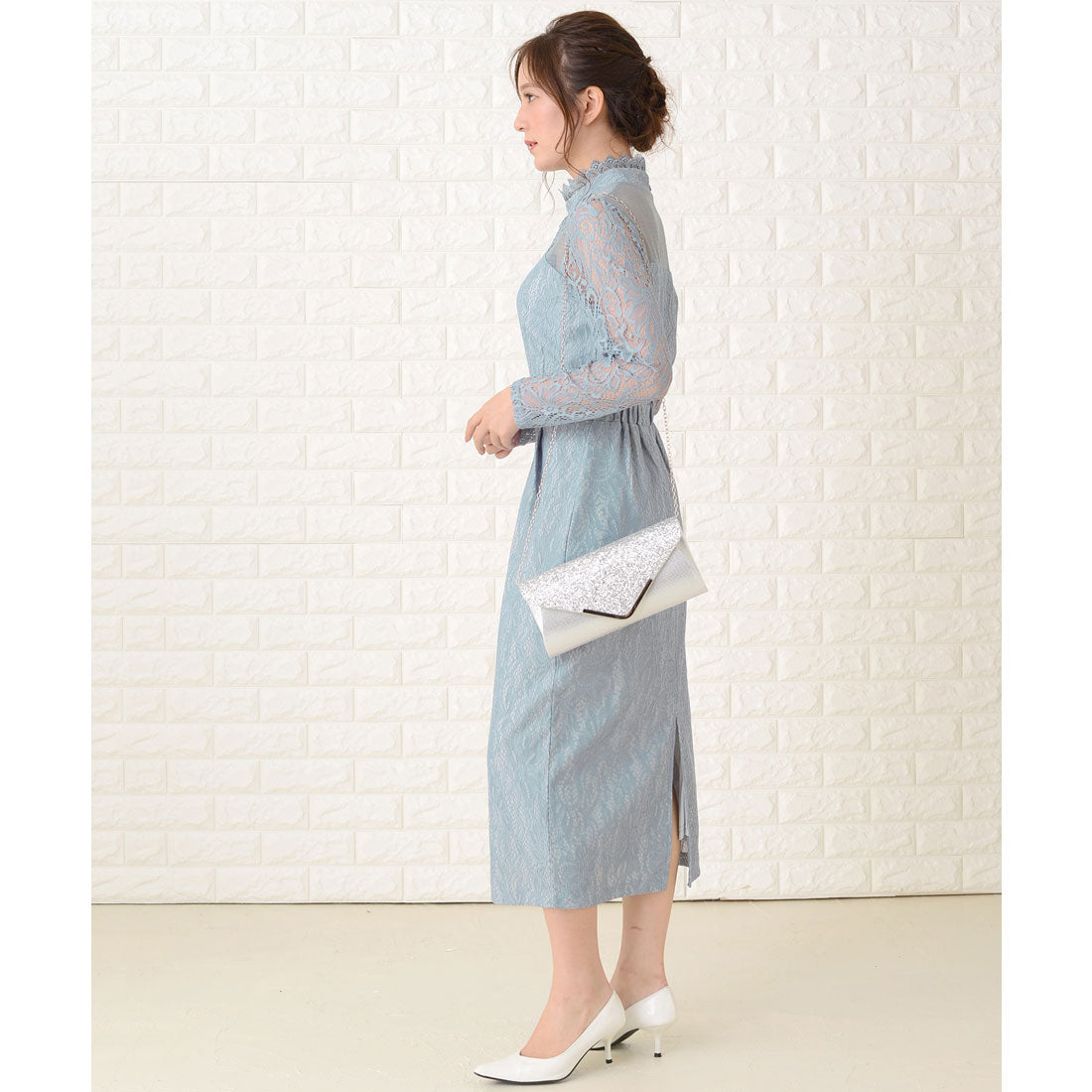 レースレディース Lace Ladies デコルテシースルー×レース袖クラシカルワンピースドレス