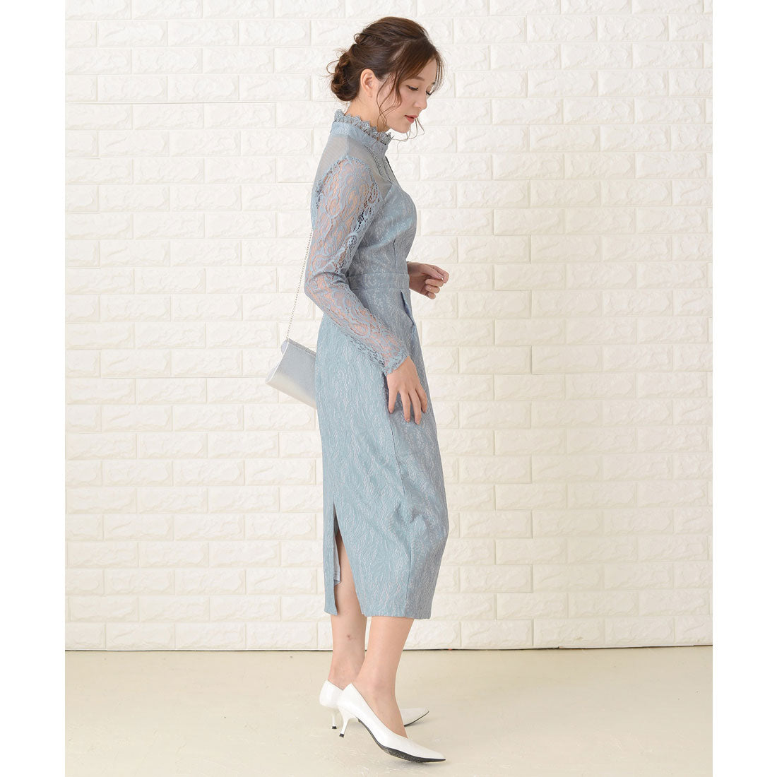 レースレディース Lace Ladies デコルテシースルー×レース袖クラシカルワンピースドレス