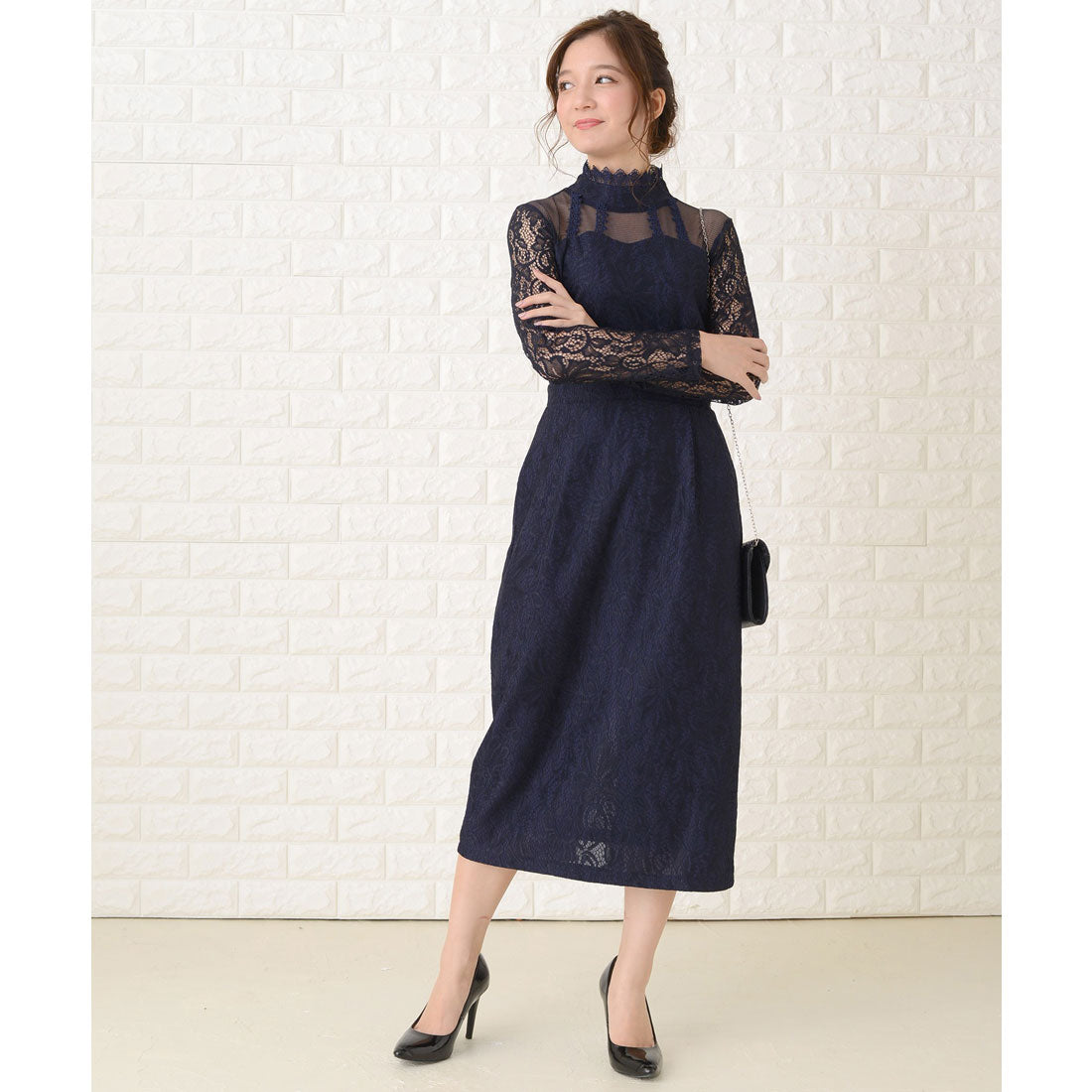 レースレディース Lace Ladies デコルテシースルー×レース袖クラシカルワンピースドレス,ネイビー