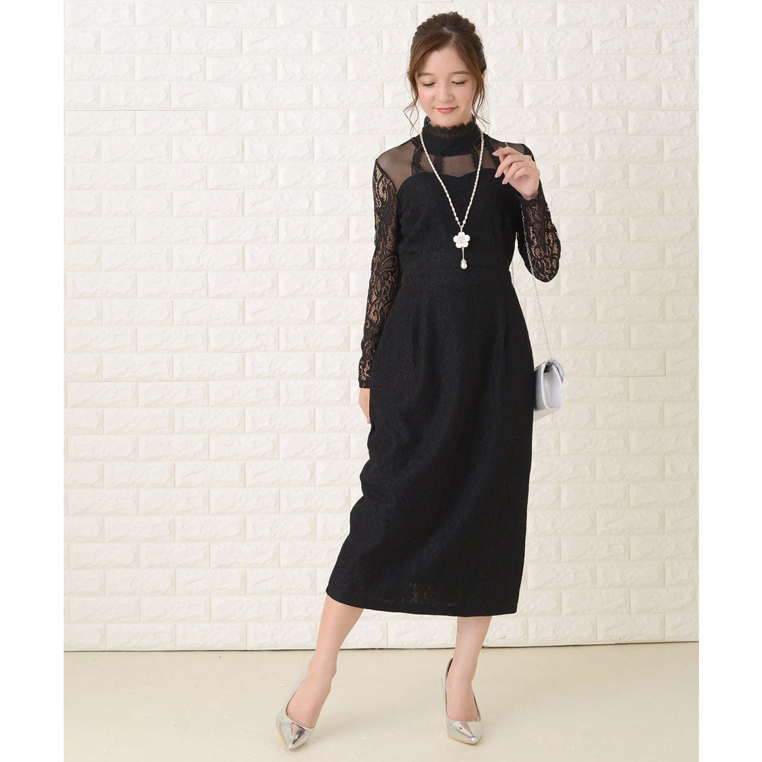 レースレディース Lace Ladies デコルテシースルー×レース袖クラシカルワンピースドレス,ブラック