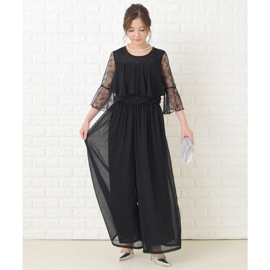 レースレディース Lace Ladies ロング丈 シフォン パンツドレス・オールインワン,ブラック