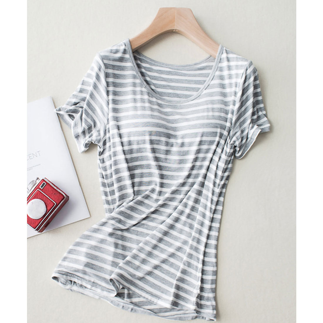 レースレディース Lace Ladies モールドカップ付きボーダー Uネック 半袖Tシャツ,グレー