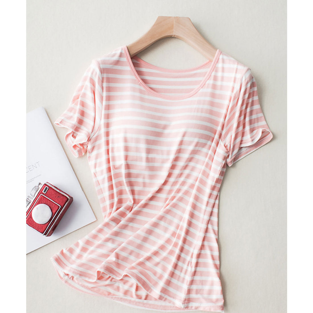 レースレディース Lace Ladies モールドカップ付きボーダー Uネック 半袖Tシャツ,ピンク