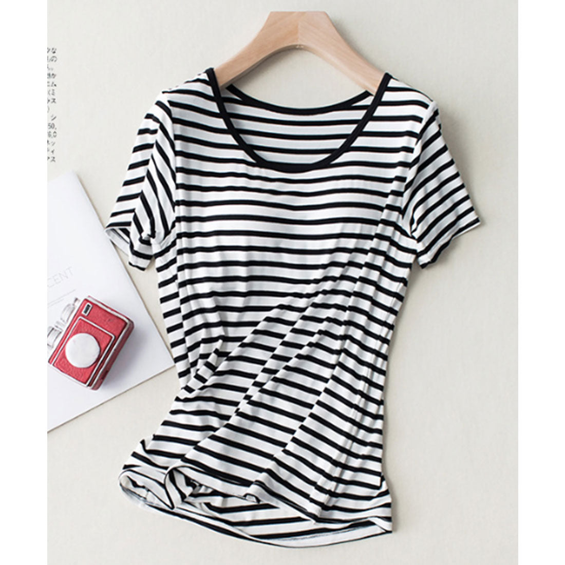 レースレディース Lace Ladies モールドカップ付きボーダー Uネック 半袖Tシャツ,ブラック